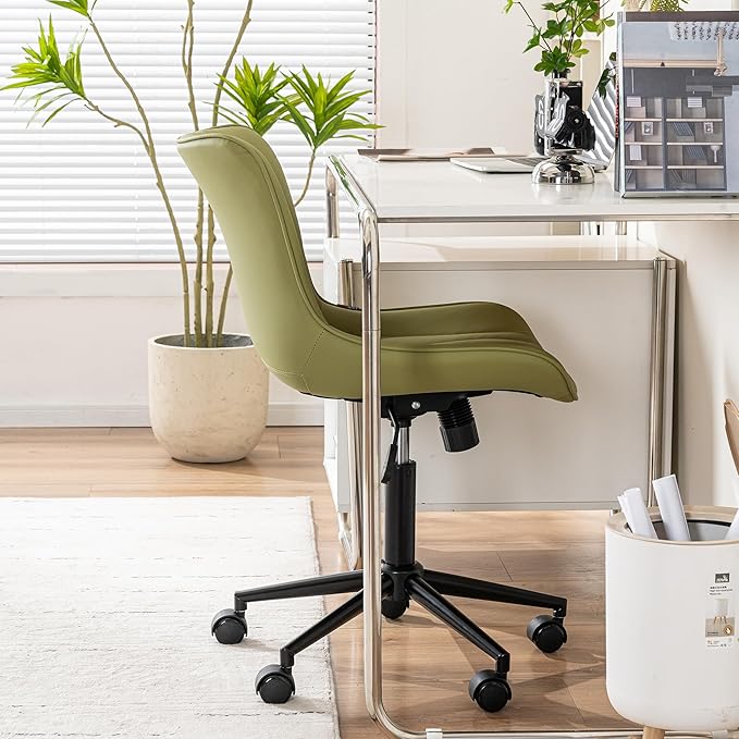YOUNIKE Office Chair, Armless Desk Chair with Wheels, Home Office Computer Task Chairs, Modern Faux Leather Padded Vanity Chair, Adjustable Swivel Rolling Chairs with Back, Avocado Green