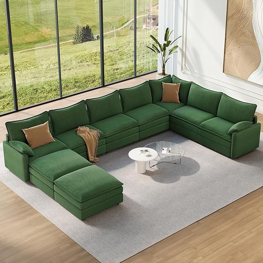 Vesgantti Large Modular Sectional Sofa, Big Comfy Cloud Couch with Ottoman Deep Seat Chenille Cloud Sofa, 9 Seater Large Sectional Couches for Living Room, Bedroom and Apartment, Green