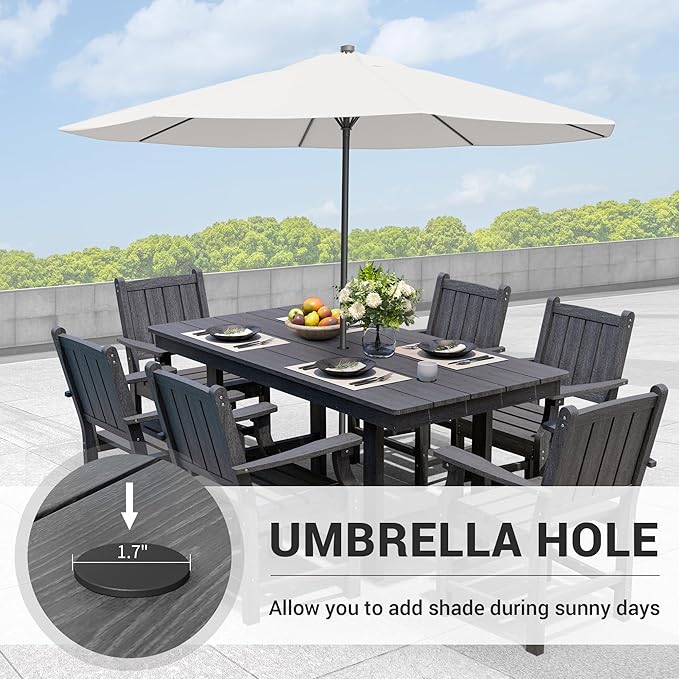 7-Piece HDPE Outdoor Dining Set, Wood-Like Design Outdoor Table and Chairs with Elegant Armrest, All-Weather Patio Table and Chairs Set with Umbrella Hole for Porch, Poolside, Gray