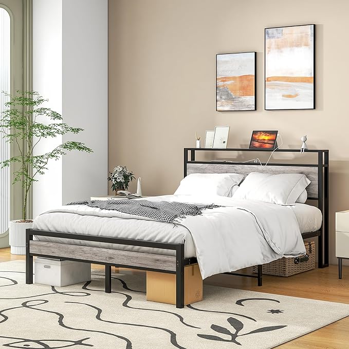 Full Size Bed Frame with Storage Headboard/USB Charging Station,Metal Platform Bed Frame Full Size No Box Spring Needed,Noise-Free,Strong Steel Slats Support,Warm Grey