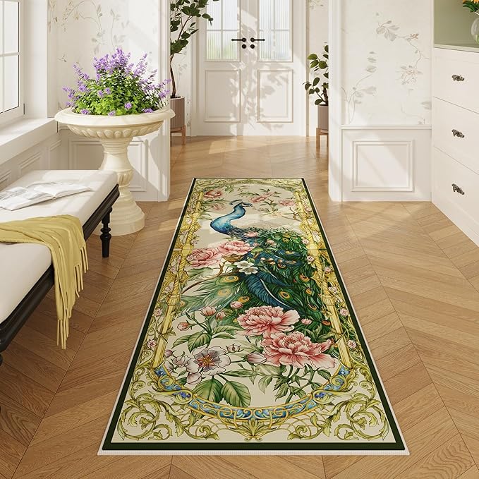 Runner Rug for Kitchen 2'6"x8' Washable Rugs with Rubber Backing Soft Floral Peacock Floral Animal Carpet Runner for Kitchen, Laundry, Bedroom, Bathroom (Beige)