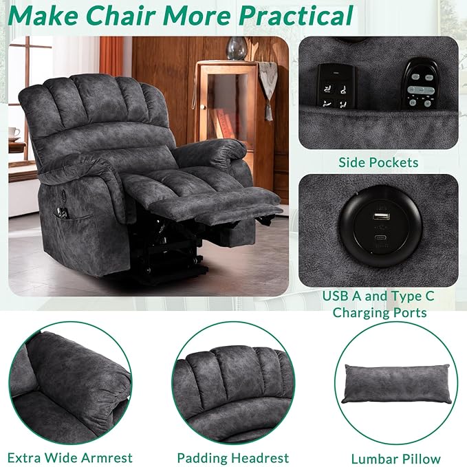 VIVIJASON Tall Man Large Dual Motor Power Lift Recliner Chair with Extended Footrest, Overstuffed Lay Flat Sleeper Electric Recliner W/Heat & Massage, Lumbar Pillow, USB & Type-C Ports, Plush Gray
