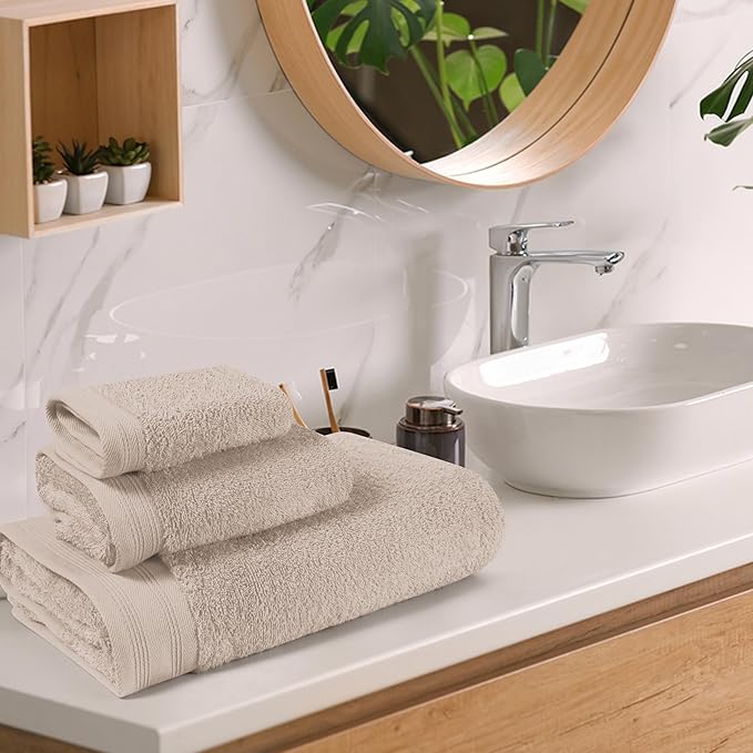 Ultra Soft 3 Pack Cotton Towel Set, Contains a Bath Towels 28x55 inch, a Hand Towels 16x24 inch & a Wash Coths 12x12 inch, Ideal Everyday use, Compact & Lightweight - Tan