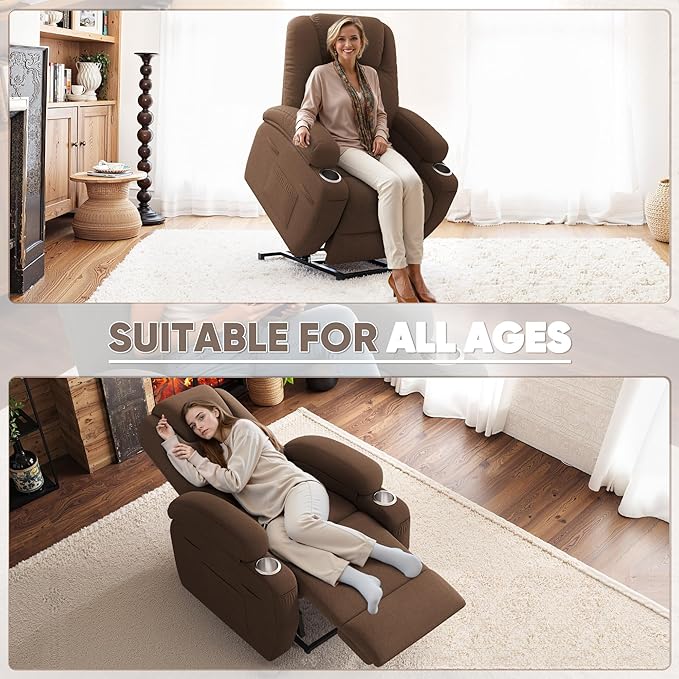 Power Lift Recliner Chair with Massage Electric Lift Chair for Elderly, Ergonomic Recliner with Cup Holders & Side Pockets, Modern Single Sofa for Living Room (Fabric, Brown)