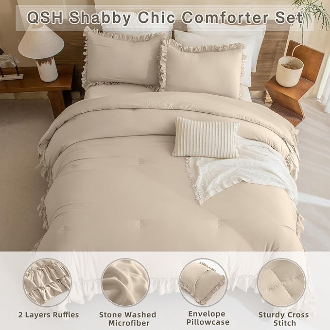 Queen's House Ruffled King Size Comforter Set,Linen Feel Textured Farmhouse Lightweight Fluffy Boho Chic Bedding Comforter,Ultra Soft Microfiber Inner Fill Bedding