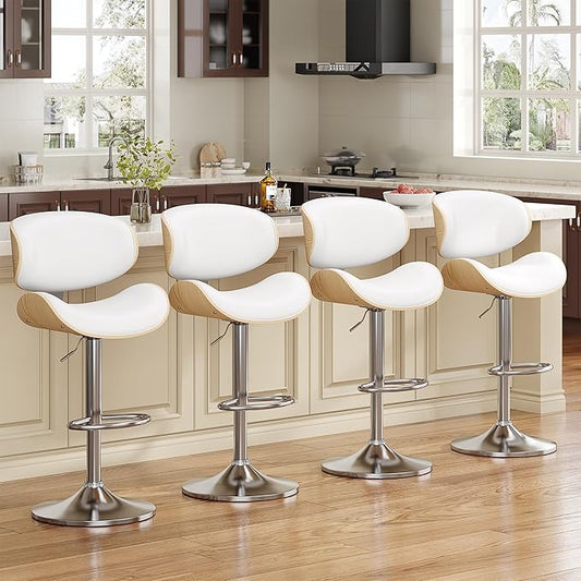 Swivel Bar Stools Set of 4 for Kitchen Counter, Adjustable Bentwood Barstools, Modern PU Leather Upholstered Bar Chair with Back and Footrest, for Bar, Kitchen, Dining Room, Snow White