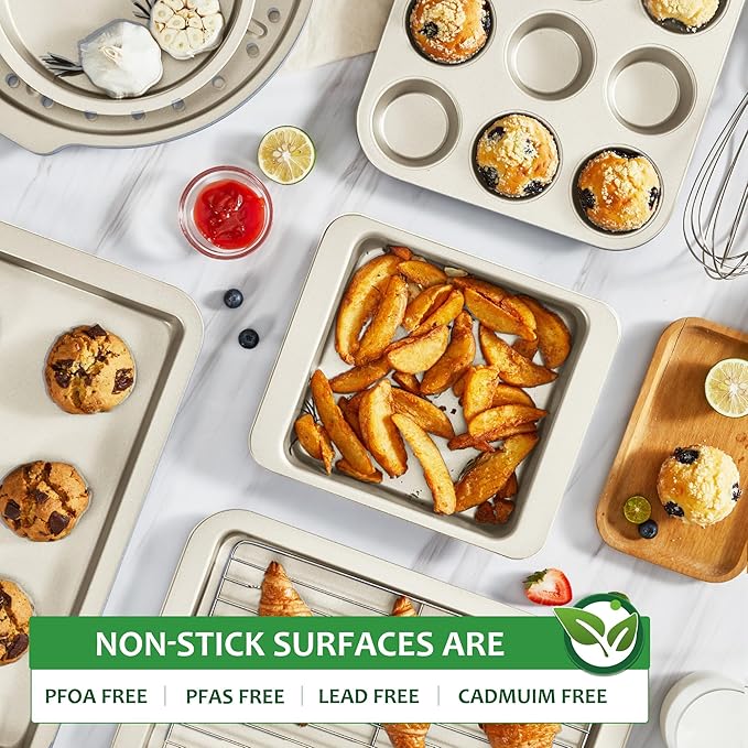 HONGBAKE Bakeware Sets, Baking Pans Set, Nonstick Oven Pan for Kitchen with Wider Grips, 10-Piece Including Rack, Cookie Sheet, Cake Pans, Loaf Pan, Muffin Pan, Pizza Pan -Cream