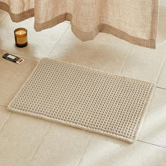 Pale Beige Bathroom Rug, Waffle Bath Mat Non Slip Washable Super Absorbent Quick Dry Boho Farmhouse Bathroom Decor, 24''x16'' Pale Beige