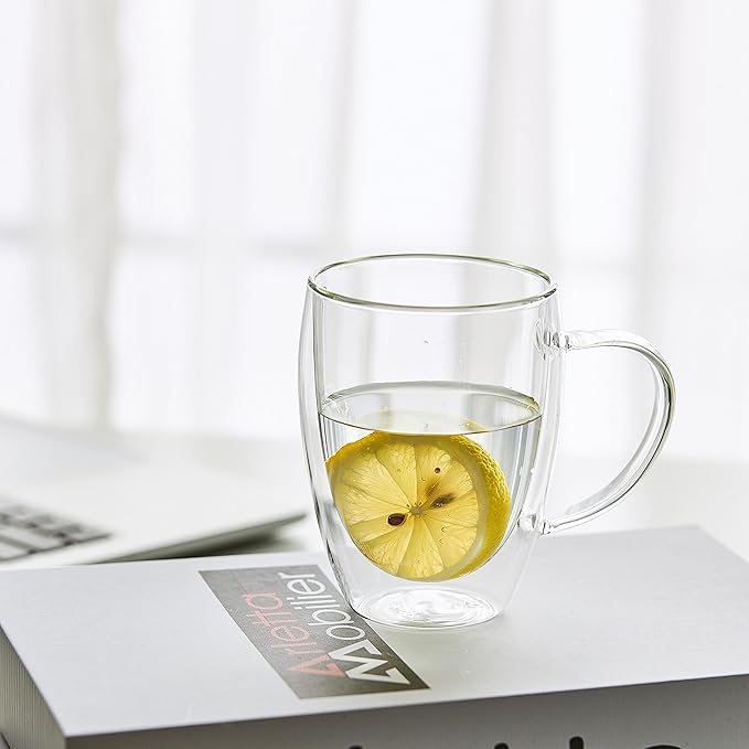 MEWAY 12oz/2 PACK Coffee Mugs,Clear Glass Double Wall Cup with handle for Coffee, Tea, Latte, Cappuccino (12 oz，2)