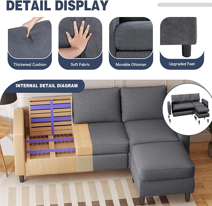 Shintenchi Small Sectional Couch Sofas, L Shape Sofa with Ottoman, Fabric Upholstered Convertible Sofa Couches, Small Couch for Apartments, Living Room and Office (Dark Grey)