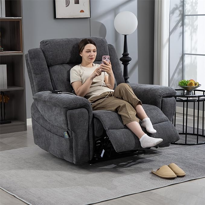 28 Inch Extra Wide Recliner Lay Flat 180°, Big Man 400lbs Oversized, Power Lift Recliner with Heat and Massage for Elderly, Large Heavy Duty Recliners with Cup Holders and Wireless Phone Charger