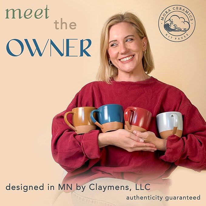 Mora Ceramic Artisan Matte Large Latte Mug Set of 4, 16oz - Microwavable, Porcelain Coffee Cups With Big Handle - Modern, Boho, Unique Style For Any Kitchen. Microwave Safe Stoneware - Marina Colors