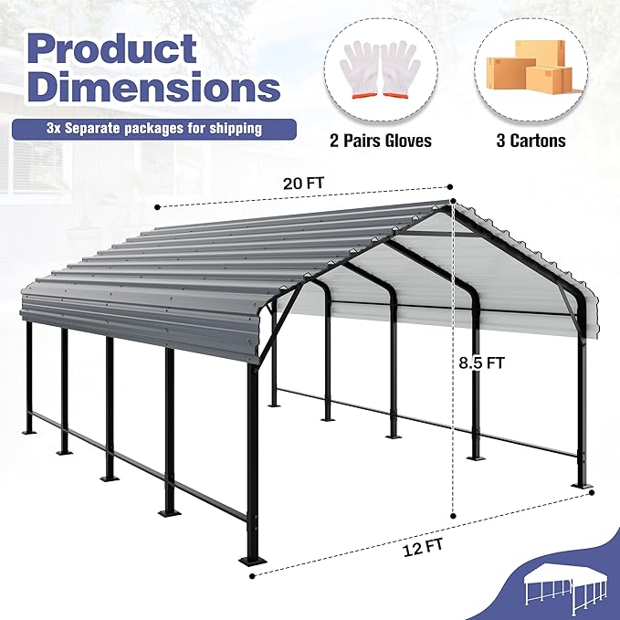 JY QAQA 12 x 20 ft Metal Carport, Heavy Duty Carport Canopy with Galvanized Steel Roof, Outdoor Car Tent Metal Garage Shelter for Car, SUV, Trucks and Boats