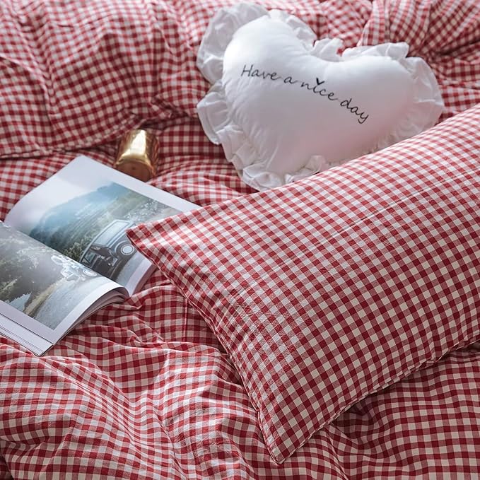 mixinni Red Gingham Comforter Set Full, Plaid Comforter Set 3 Pieces 1 Red Grid Comfoter with 2 Pillow Cases for All Seasons, Soft Fluffy Modern Grid Pattern Printed Bedding-Full Size