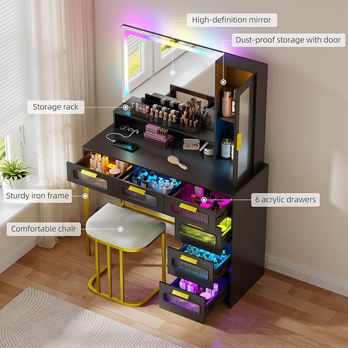 LED Make Up Vanity Desk with 20" Mirror and Light, Smart Dressing Table with 6 Drawers, 3 Shelves, 24 Color Lighting Modes, Cushioned Stool, USB Type-C Storage for Bedroom Dressing Room Black