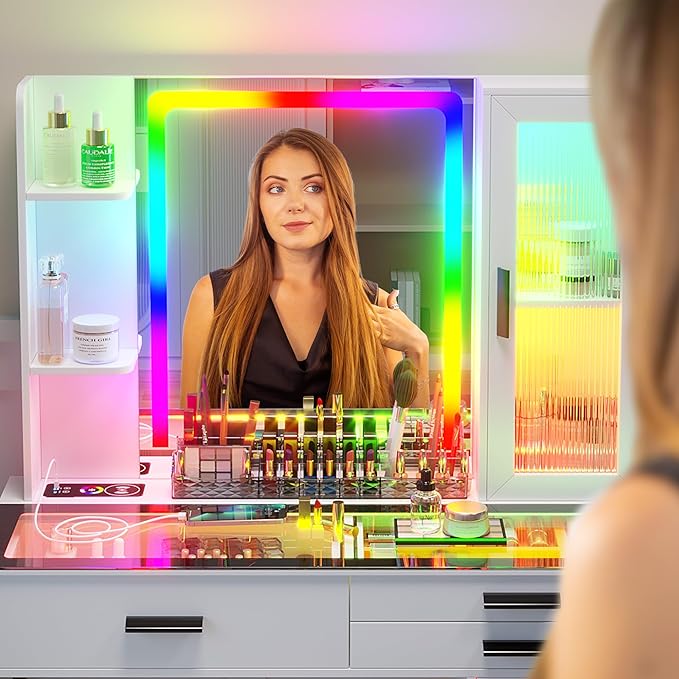 HENBC Vanity with Mirror and LED Lights, Glass Top Vanity Desk with Charging Station(Wireless+USB+Type-C), RGB Makeup Table Set with Stool/Makeup Organizer/6 Drawers (White)