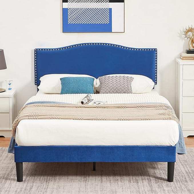 VECELO Queen Bed Frame, Platform Bed Frame with Adjustable Height Upholstered Headboard, Heavy-Duty Frame and Strong Wooden Slats Support, Non-Slip and Noise-Free, Easy Assembly, Dark Blue