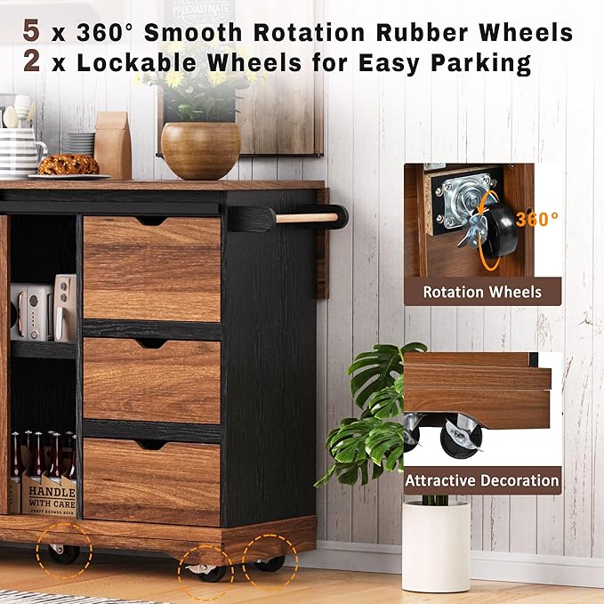 55.5" Farmhouse Kitchen Island Storage Cart with Drop Leaf, Sliding Barn Door, Power Outlet, Spice Rack & 3 Drawers, Rolling Kitchen Cart on Wheels for Kitchen, Dining Room, Black