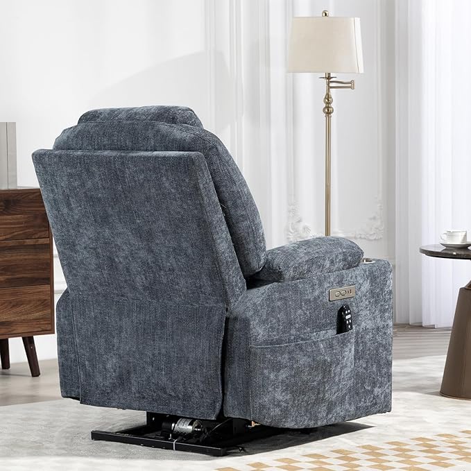 Power Lift Chair with Massage & Heat, Electric Recliner Chairs for Adults, Remote Control, Sofa for Living Room, Standing Assistance, USB Ports, Stainless Steel Cup Holders (Chenille Blue)