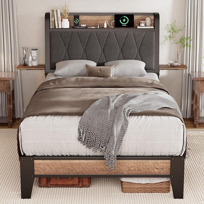 Twin Size Bed Frame with Side Storage Shelf, Ergonomic Upholstered Headboard with Charging Station, Twin Platform Bed Frame, Metal Slats Support, No Box Spring Needed, Easy Assembly, Black