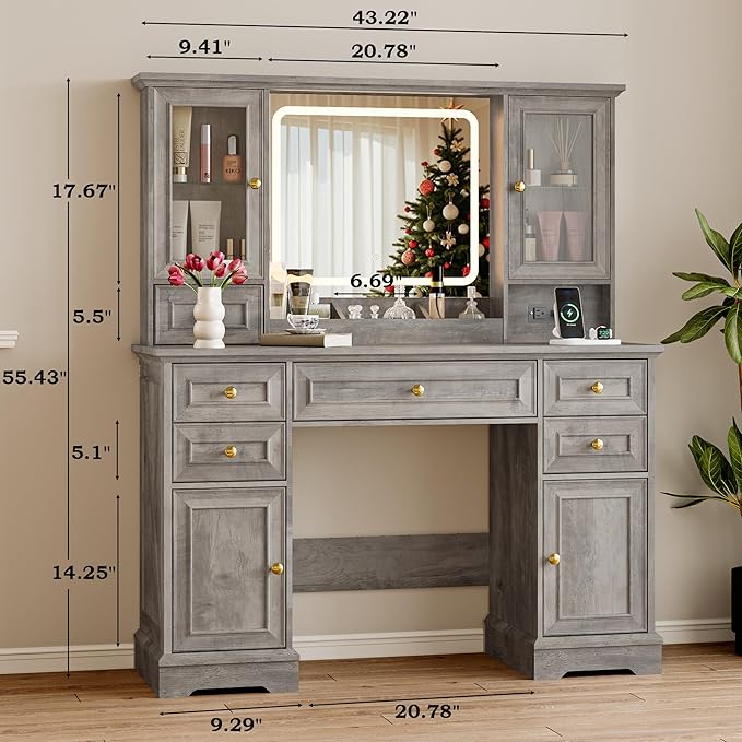 Vanity Desk with Lights, Large LED Mirror with 3 Color Modes, Makeup Vanity with Power Outlet & USB Ports, 6 Drawers & 2 RGB Glass Cabinets, Farmhouse Dressing Table for Women & Girls (Wood)