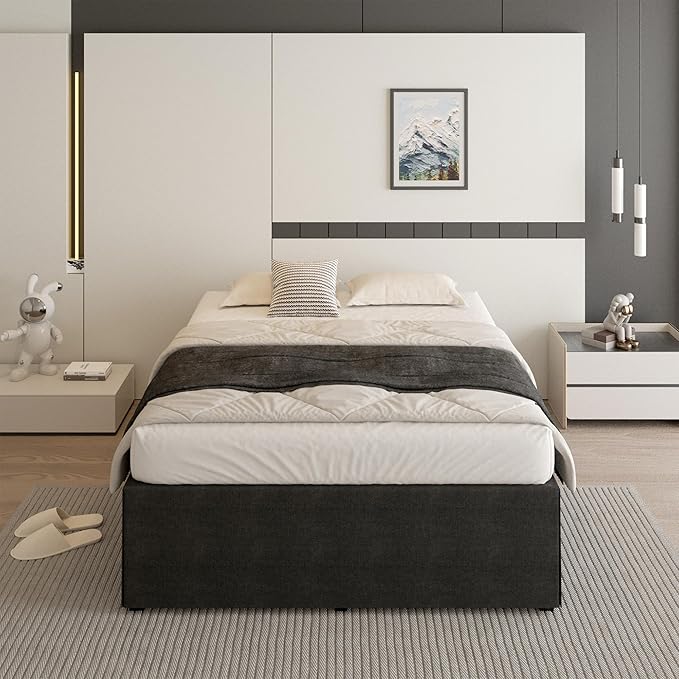 18 Inch Queen Bed Frame with Black Bed Cover, Metal Bed Frames Queen Size No Box Spring Needed, Heavy Duty Mattress Foundation, Easy Assembly, Noise Free