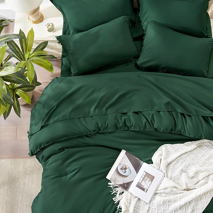 Andency Queen Comforter Set with Sheets Dark Emerald Green -7 Pieces Bed in a Bag Boho Tassel Bedding Sets, All Season Fringe Bed Set with Comforter, Sheets, Pillowcases & Shams