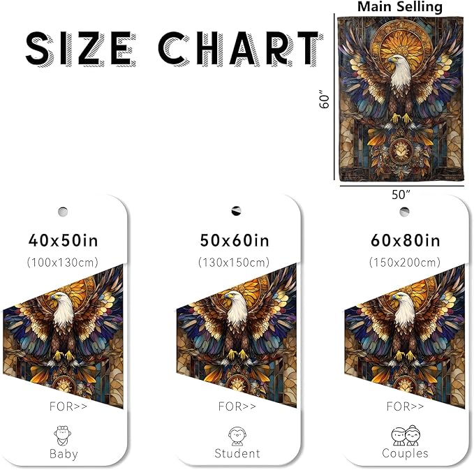 Stained Glass Eagle Blanket, Cozy Flannel Eagles with Outstretched Wings Throw Blanket for Couch Outdoor, Plush Soft Lightweight Travel Blankets for Bed Decor & Gifts, for Women Adults 50"x60"