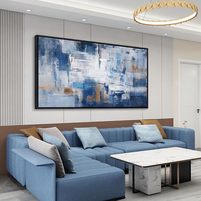 KLAKLA Navy Blue Abstract Canvas Wall Art - Black Frame Artwork Picture Living Room Wall Decor Modern Paintings Large Wall Art for Bedroom Home Decoration