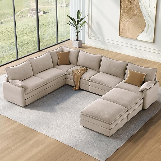 Vesgantti Large Modular Sectional Sofa, Big Comfy Cloud Couch with Ottoman Deep Seat Chenille Cloud Sofa, 8 Seater Large Sectional Couches for Living Room, Bedroom and Apartment, Light Brown