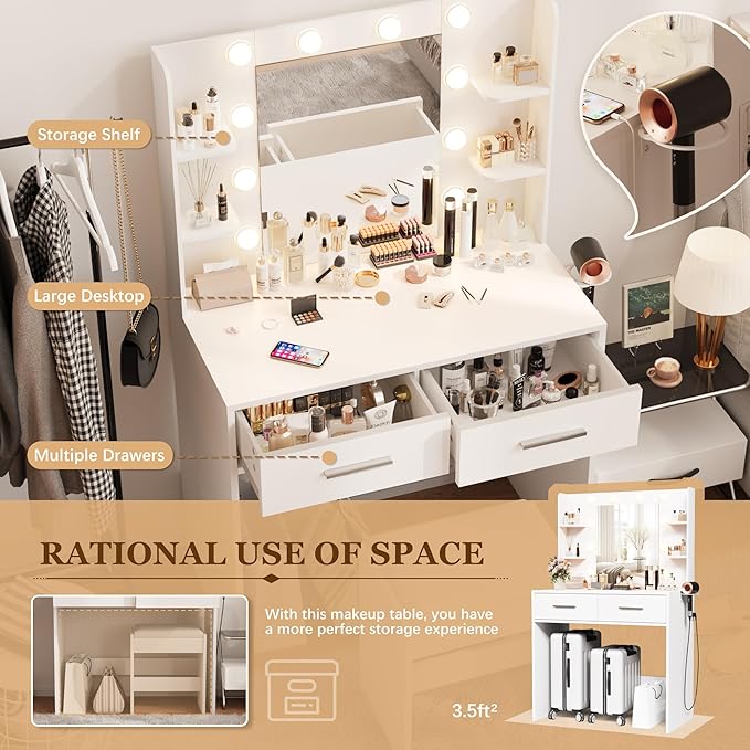 Furmax Make up Vanity Desk with Mirror and Power Outlet, Vanity with 3 Color Light Options Adjustable Brightness,Vanity Desk with 2 Drawers, 6 Storage Shelves (White, with Bench)