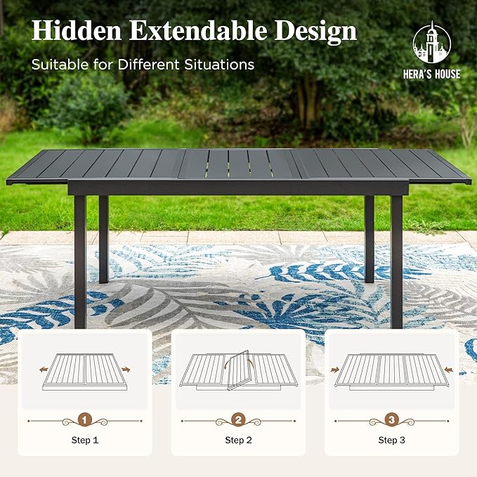 HERA'S HOUSE 7 Pieces Patio Table and Chairs Set, Outdoor Dining Set for 7, 6 x Cushioned Woven Rattan Patio Chairs and 1 x 61”/84” Black Extendable Metal Table, Outdoor Rattan Dining Set for Lawn