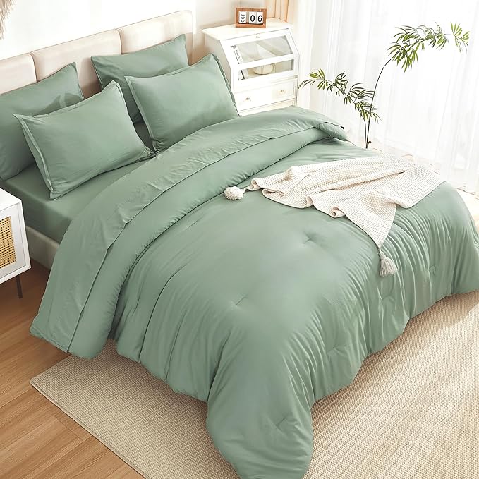 Litanika Comforter King Size Set Sage Green - 7 Pieces Bed in a Bag King Bedding Comforter Sets, Plain Lightweight Bed Set with Comforter, Sheets, Pillowcases & Shams