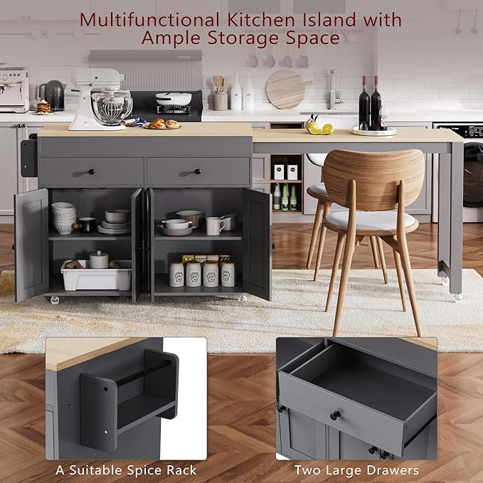 74.5" Rolling Kitchen Island on Wheels with Extendable Dining Table, Storage Cart with 2 Drawers, 4 Door Cabinet, Spice Rack for Kitchen, Dining Room, Grey