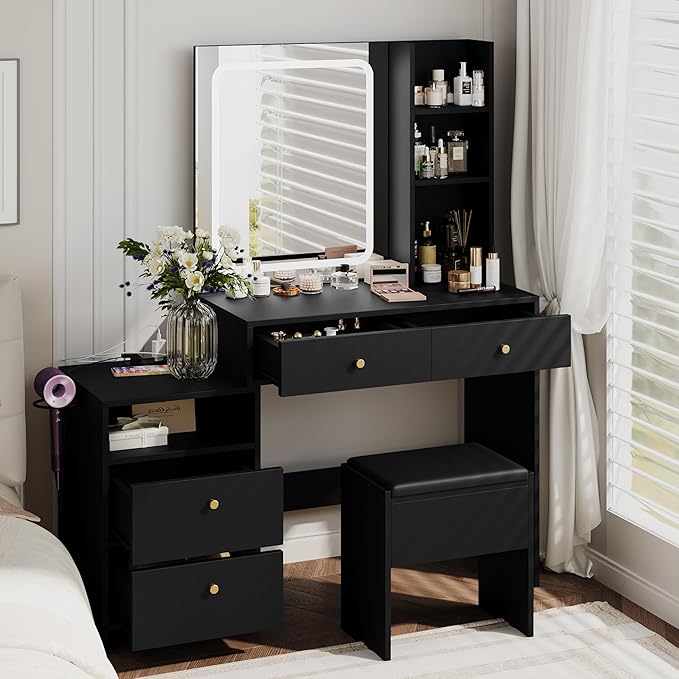 HAOBO Home Makeup Vanity Desk with Charging Station, Makeup Dressing Table with Mirror and Lights for Bedroom, Dressing Room