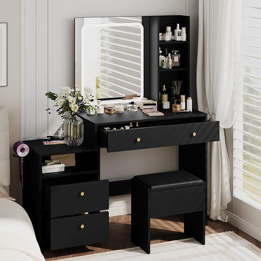 HAOBO Home Makeup Vanity Desk with Charging Station, Makeup Dressing Table with Mirror and Lights for Bedroom, Dressing Room
