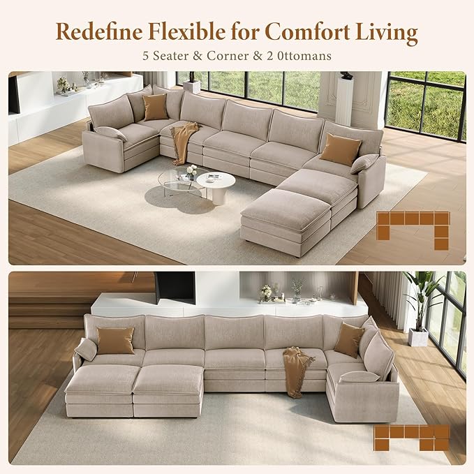 Vesgantti Large Modular Sectional Sofa, Big Comfy Cloud Couch with Ottoman Deep Seat Chenille Cloud Sofa, 8 Seater Large Sectional Couches for Living Room, Bedroom and Apartment, Light Brown