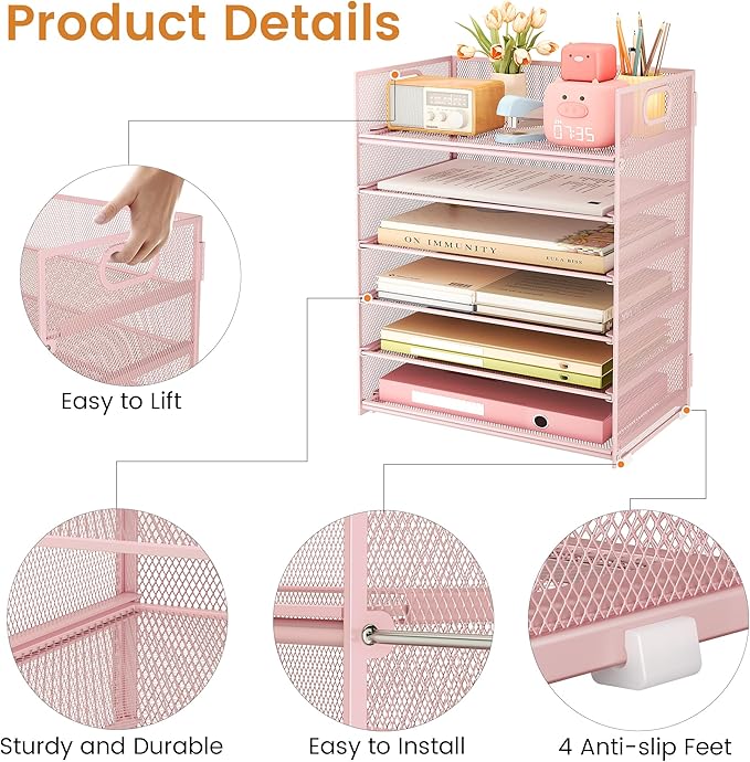 Subekyu 6-Tier Desk Paper Organizer, Desktop File Letter Tray with Handle, Document Sorter and Accessories Holder for Office, Home and School Workspace Organizers, Pink-2 Pack