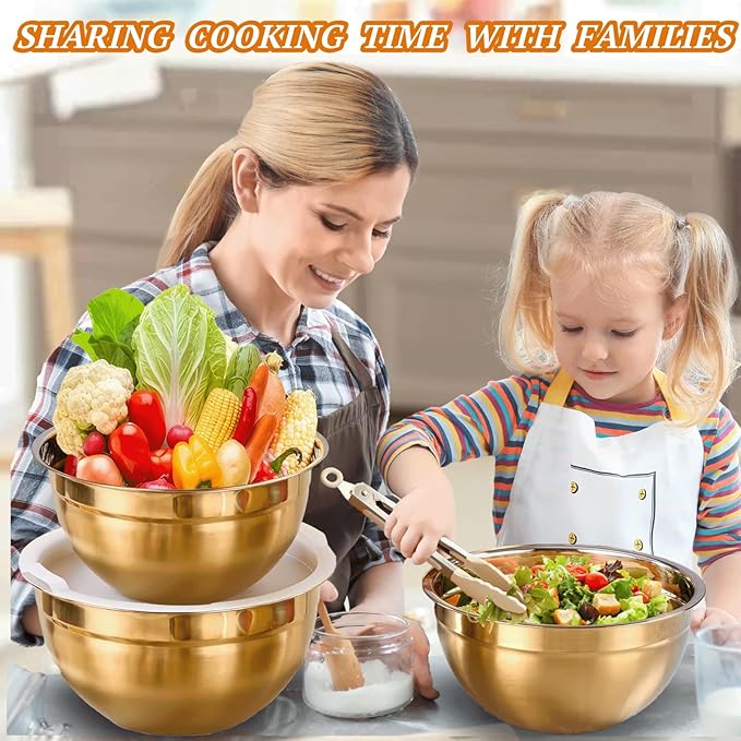 7 Pack Gold Mixing Bowls Set with 5 PCS Kitchen Accessories, Stainless Steel Nesting Mixing Bowls with Airtight Lids, Baking, Prepping and Serving Food, Stackable Size 7,3.6,2.7,2.1,1.5,1.1,0.8QT