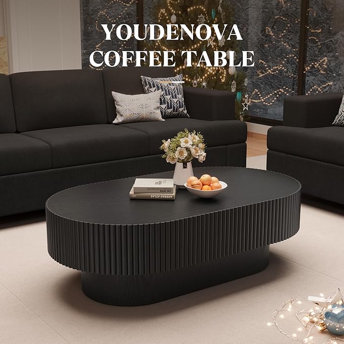 43.7” Oval Coffee Table, Modern Wood Fluted Coffee Table for Living Room, Veneer Handcrafted Relief Center Table with Sturdy Pedestal，Easy Assembly - Black