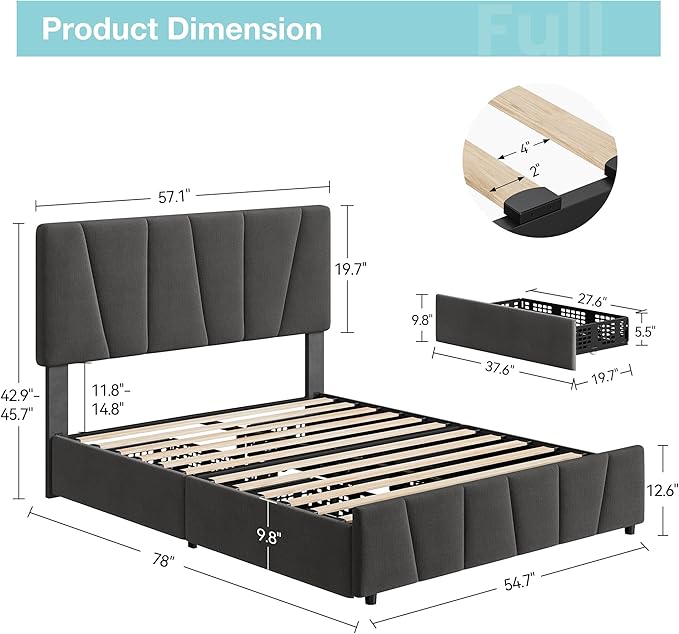 GarveeHome Full Size Bed Frame with Adjustable Headboard and 4 Storage Drawers, Velvet Upholstered Tufted Full Platform Bed Frames with Wooden Slats Support,Full Bedframe No Box Spring Needed, Grey