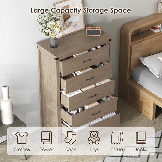 Farmhouse 5 Drawer Dresser for Bedroom, 47" Tall Chest of Drawers, Wood White Dresser with Deep Drawers, Storage Dressers Organizer for Bedroom, Living Room, Hallway, Light Rustic Oak