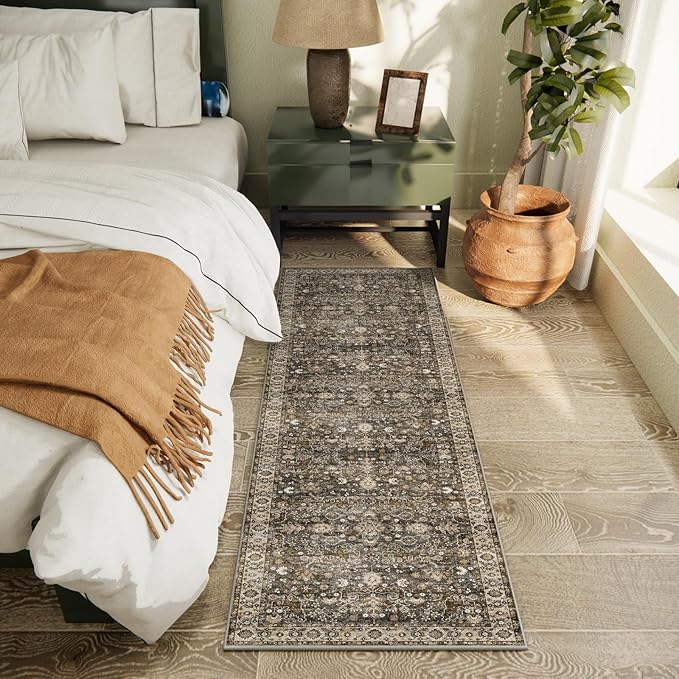 2'x6' Washable Runner Rug Utral Soft Lightweight Vintage Boho Distressed Non-Slip Backing,Low Pile Stain Resistant Farmhouse Rug for High-Traffic Hallway, Kitchen & Laundry