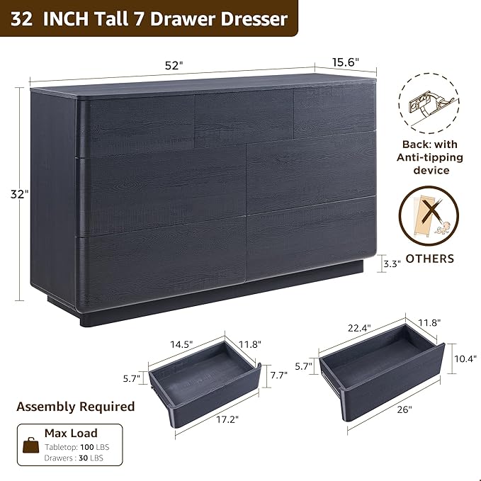 Modern 7 Drawer Dresser for Bedroom, 52" Wide Handleless Chest of Drawers, Push-to-Open Large Wood Storage, Dresser TV Stand for Bedroom, Living Room, Hallway, Curved Profile, Black