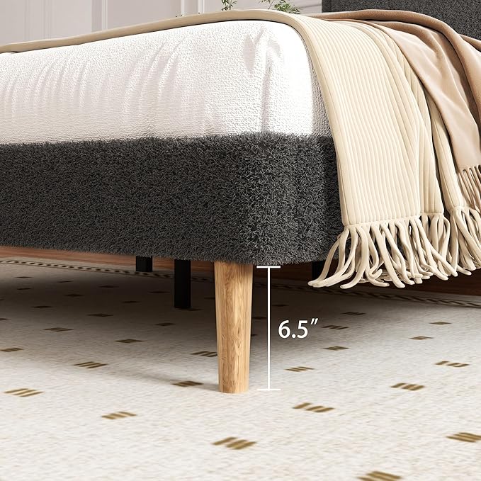 Queen Size Boucle Platform Bed Frame, Anti-Collision Soft Rounded Corners, Adjustable Headboard, No Box Spring Needed, Easy Assembly, Noise Free, Dark Grey