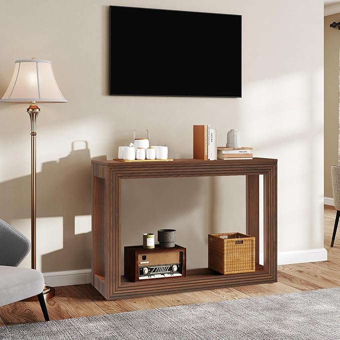 Mid-Century Fluted Console Table with Storage, Narrow Wooden Entryway Sofa Table Behind The Couch Small Entry Table for Entryway, Front Hall, Hallway Living Room, Walnut