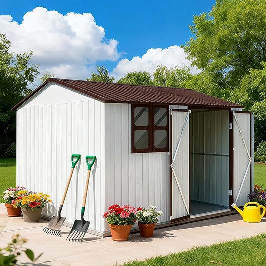 10 x 8 FT Outdoor Storage Shed, Metal Garden Tool Shed with Slooping Roof, Lockable Doors and Windows, All-Weather Weatherproof Blike shed for Garden, Patio, Lawn, White