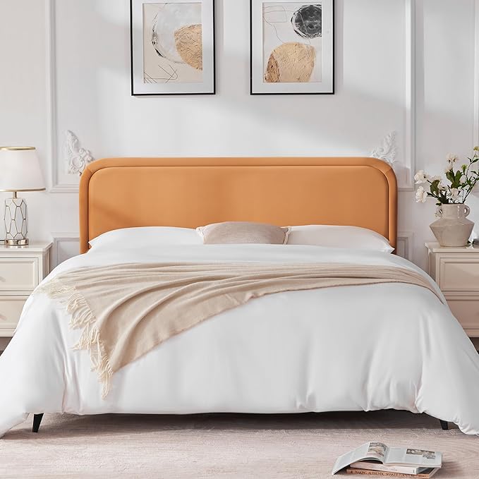 Velvet Fabric Headboard for King Size Bed, Upholstered King Headboard Only, Dorm Headboards from 41” to 49” Height, Sturdy and Durable Solid Wood Bed Head Board, Orange