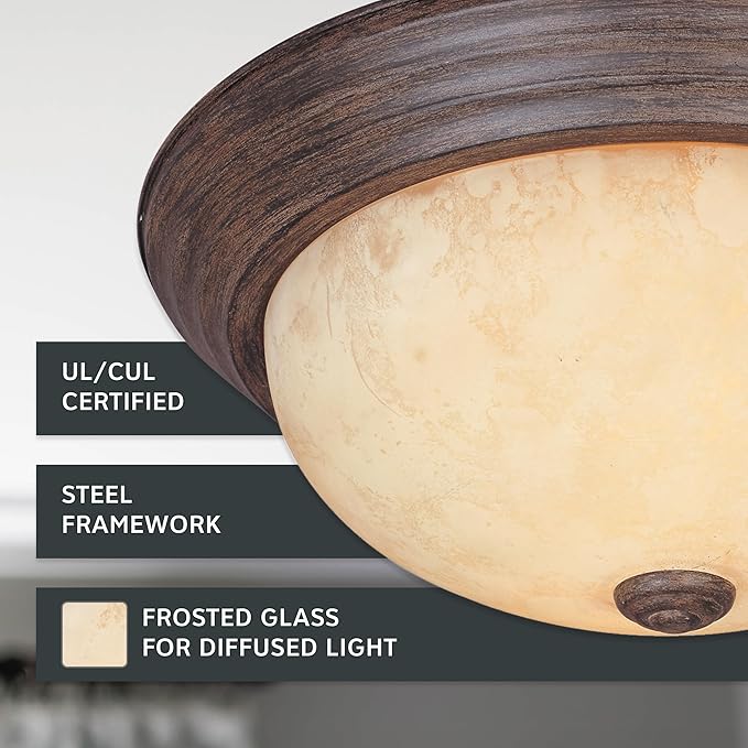 DESIGNERS FOUNTAIN Reedley 2-Lights Flush Mount Ceiling Light, 11 Inch Lighting Fixture for Kitchen, Bedroom, Bathroom, and Hallway, Amber Glass, Warm Mahogany, 1257S-WM-AM