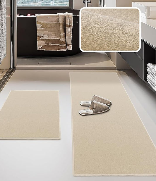 YIHOUSE Bathroom Rug Sets 2 Piece, Ultra Thin Bath Mat Fit Under Door, Quick Dry Absorbent Bath Mat for Bathroom Non Slip Machine Washable Floor Mat (Beige, 2 Piece)
